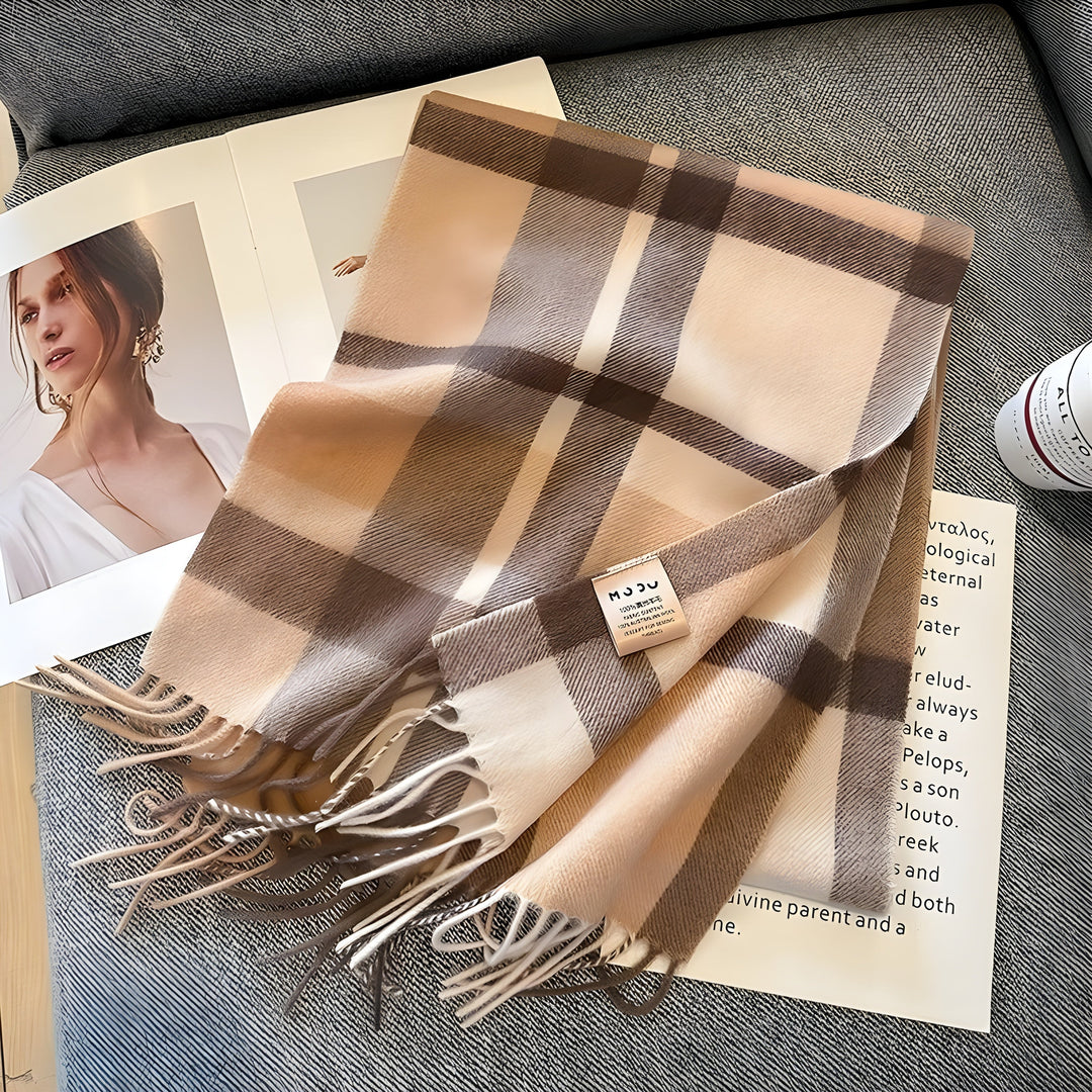 Elegant women's warm plaid cashmere scarf, perfect for staying cozy & stylish all winter.