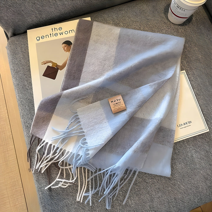 Stylish women's plaid cashmere scarf, a warm & cozy fashion accessory for cold weather.
