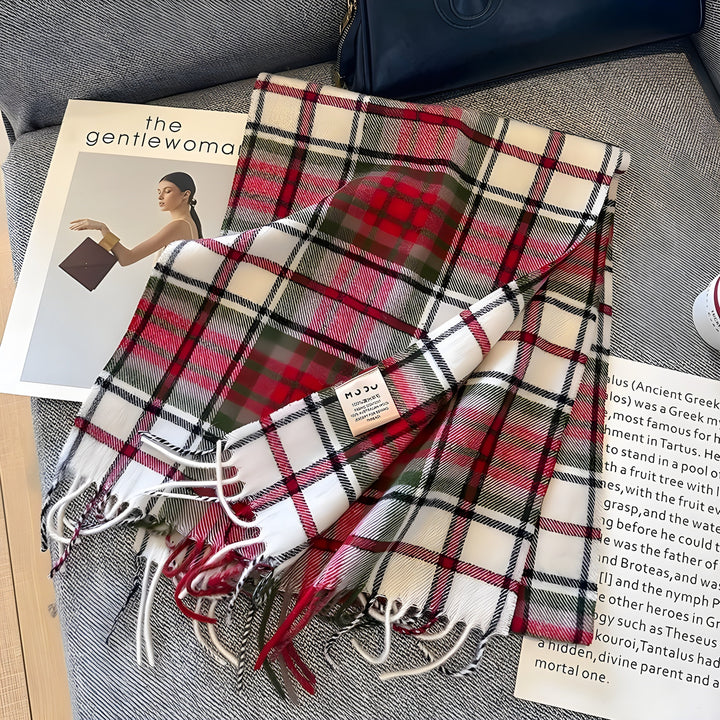 Premium women's checked cashmere winter scarf, offering luxurious warmth & timeless style.