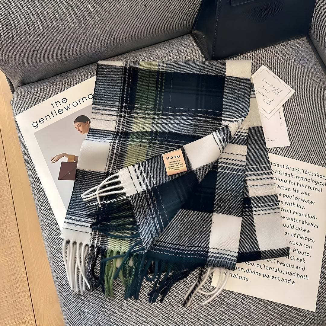 Elegant women's plaid cashmere winter scarf, providing ultimate warmth & a luxurious feel.