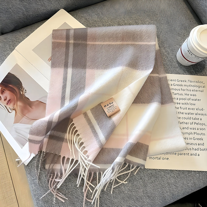 Warm women's plaid cashmere scarf, a must-have fashion accessory for chilly winter days.