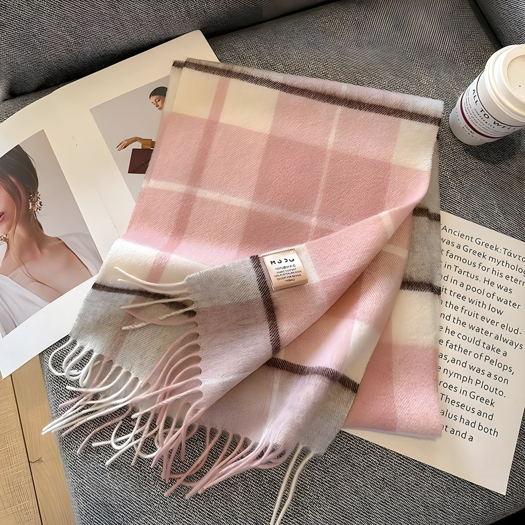 Fashionable women's checked cashmere scarf, designed for warmth, comfort, & winter style.