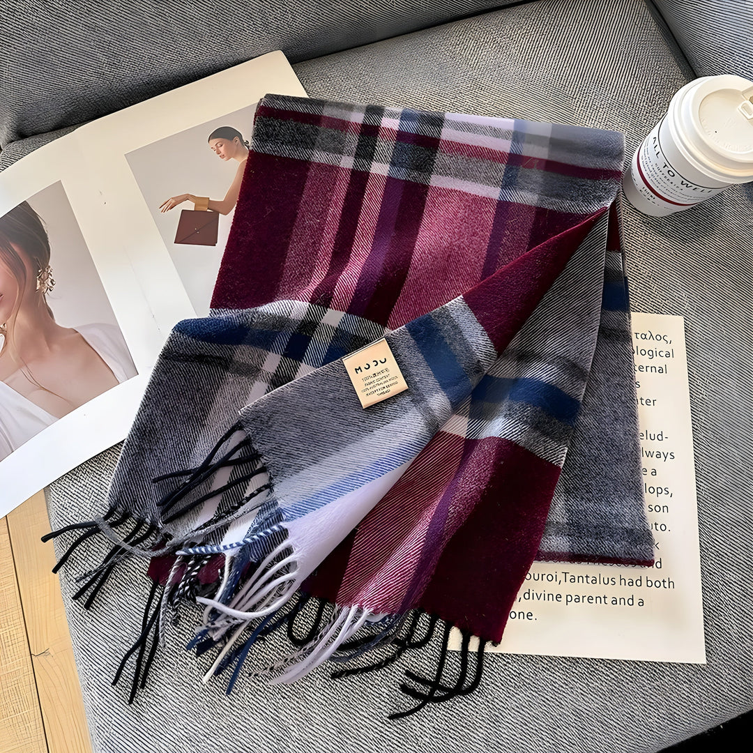 Cozy women's plaid cashmere winter scarf, an essential luxurious accessory for cold weather.