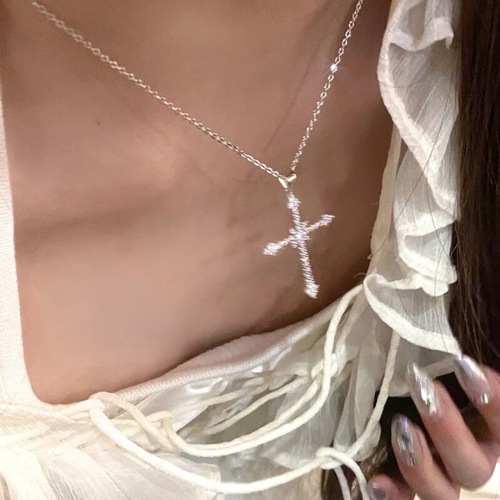 Spiritual gift: Luxurious women's zircon crystal cross pendant on silver chain. Elegant religious jewelry.