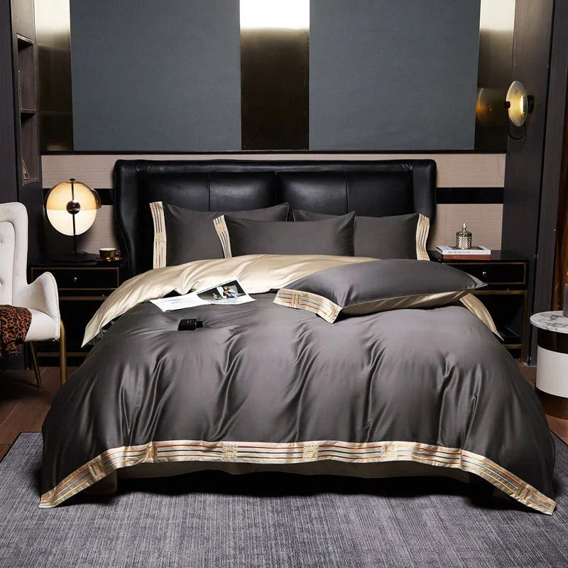 Smooth satin sheet set from the 4-piece luxury bedding collection. Essential for ultimate sleeping comfort.