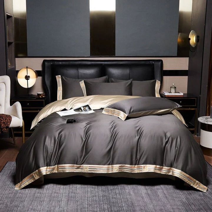 Smooth satin sheet set from the 4-piece luxury bedding collection. Essential for ultimate sleeping comfort.