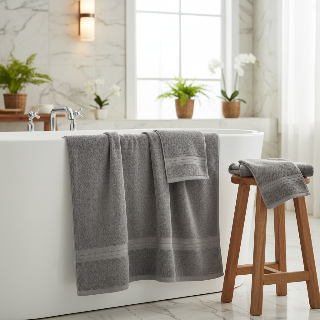 Luxury absorbent cotton bath towel set, plush white, folded neatly on a spa shelf