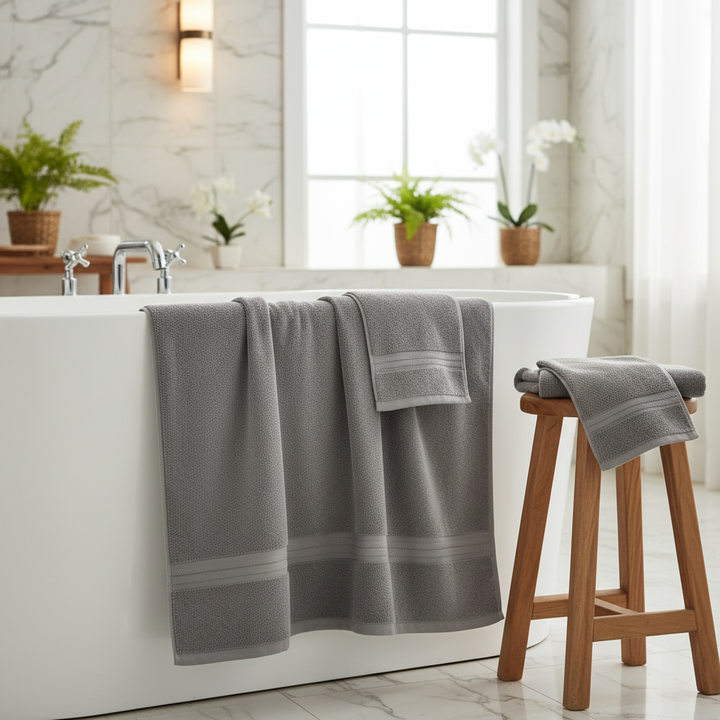 Luxury absorbent cotton bath towel set, plush white, folded neatly on a spa shelf