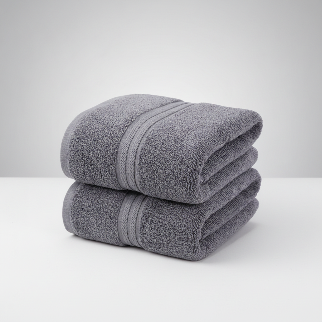 High-quality cotton luxury bath towel set, charcoal gray, folded with a decorative ribbon