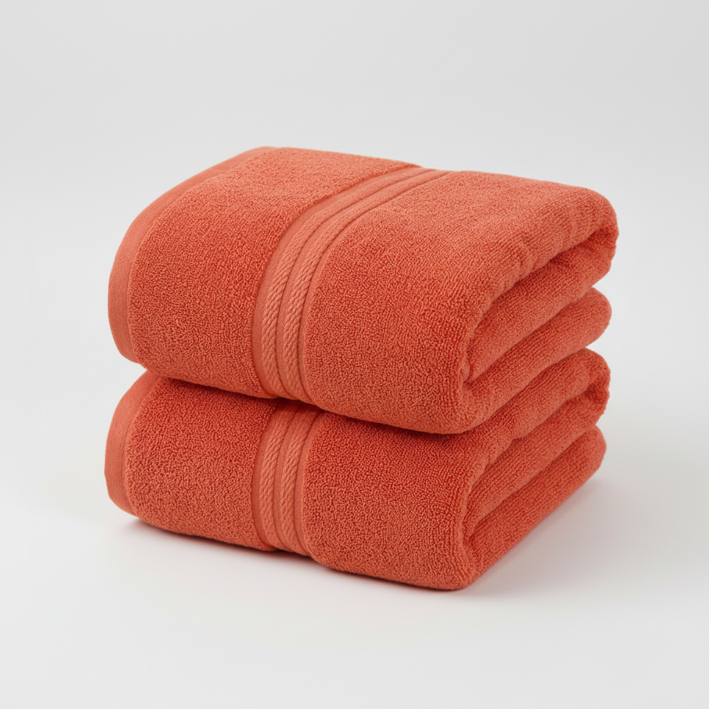 Stack of assorted sizes of luxury absorbent cotton towels, perfect for a cozy bathroom