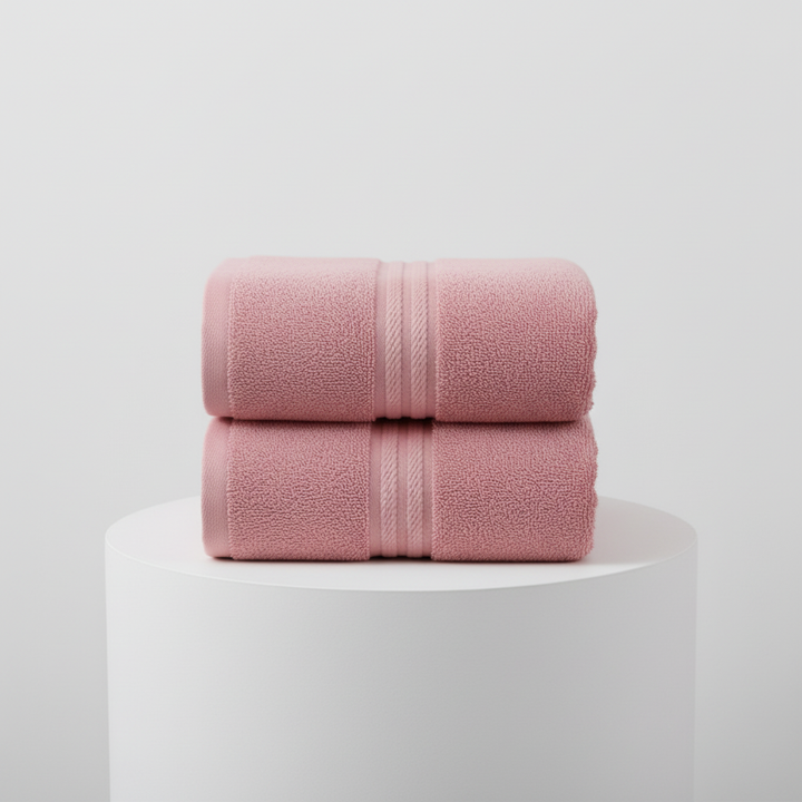 Soft, absorbent cotton bath towel set, neatly displayed in a modern bathroom setting