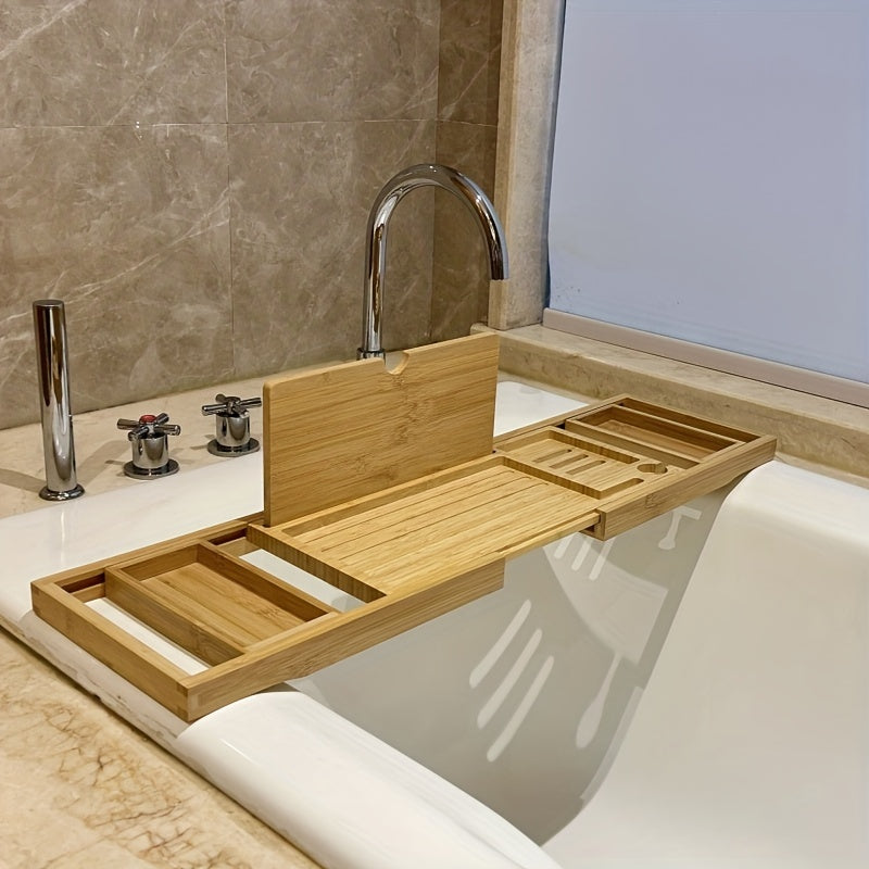 Luxury bamboo bathtub tray for spa-like relaxation. Elegant bath caddy organizer for your home.