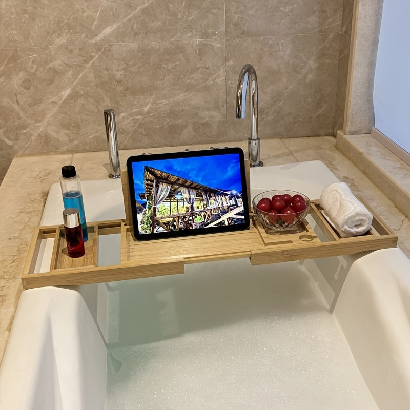 Durable, water-resistant bamboo bath caddy for bathtub organization and a serene, luxurious home spa.