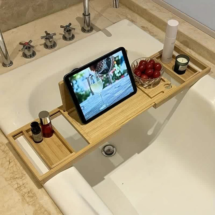 Minimalist design bamboo bathtub tray for a clutter-free, luxurious bath. An essential home relaxation organizer.