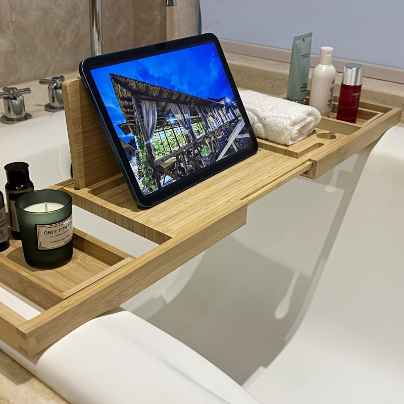 ZenBath bamboo bath caddy with tablet stand, wine glass slot & candle holder for ultimate relaxation.