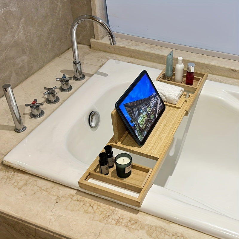 Relaxing bath experience with a luxury bamboo bathtub tray holding book, wine, & bath accessories.