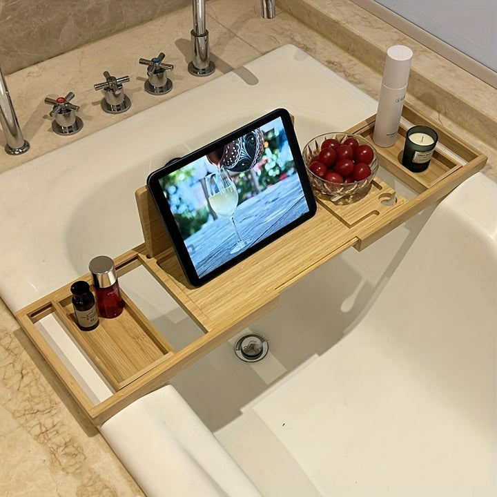 Sleek, natural bamboo bathtub tray. A premium bath caddy for luxurious bathroom decor & organization.