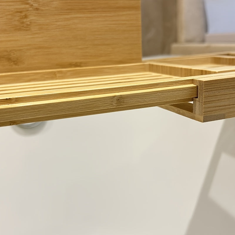 Organized home spa with a bamboo bathtub tray, perfect for holding toiletries and creating a relaxing mood.