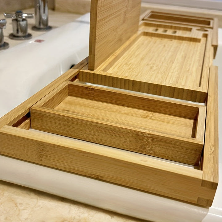 Enjoying a relaxing soak with the ZenBath luxury bamboo bathtub tray, keeping essentials within reach.