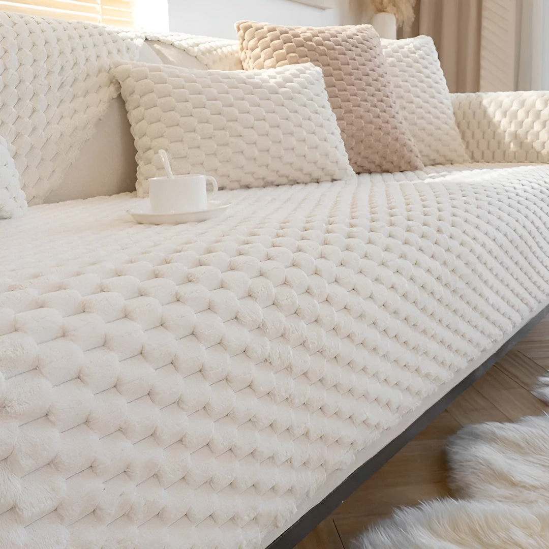White luxury velvet couch slipcover, pet-friendly and stain-resistant stretch sofa cover for living room.