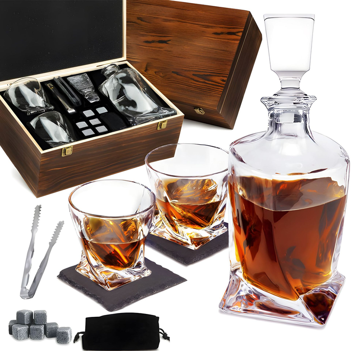 Luxury crystal whiskey decanter & matching glasses, perfect barware gift set for men's home bar or office.