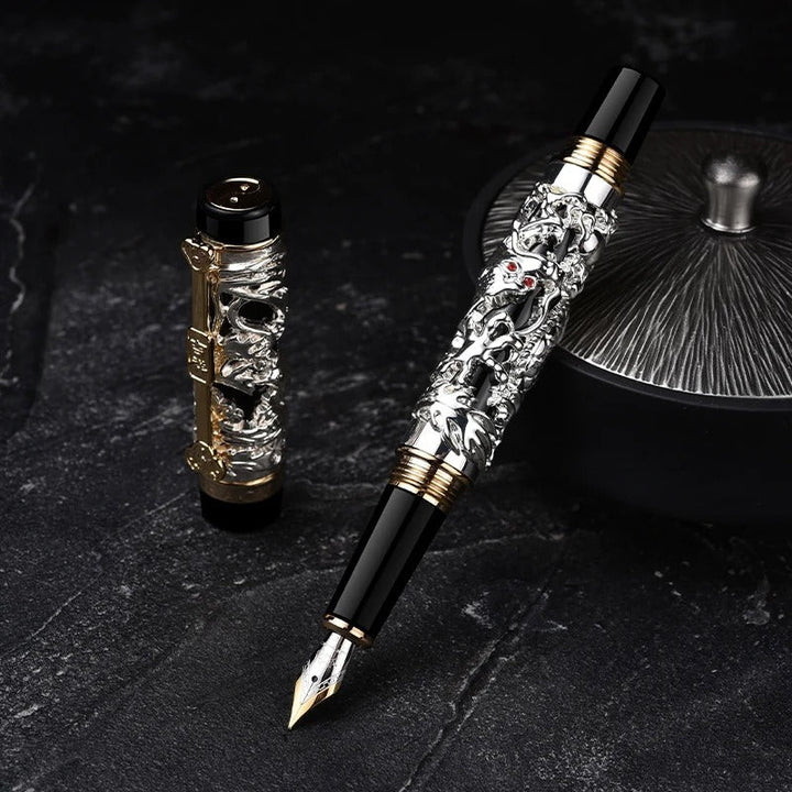 Elegant dragon fountain pen with both fine and medium nibs for versatile writing.