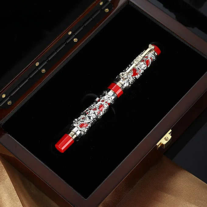 Handcrafted luxury fountain pen featuring a majestic dragon design.