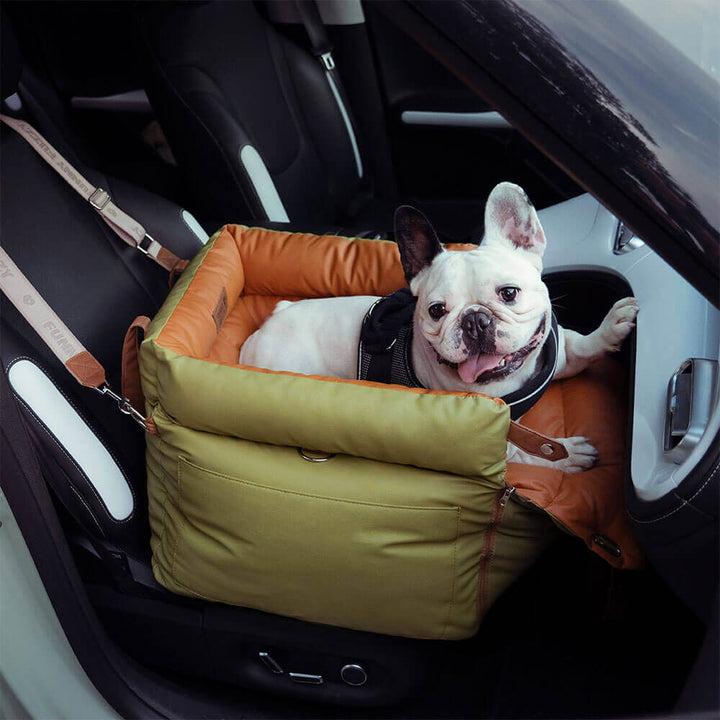 Portable pet travel seat, doubles as a comfortable dog bed.