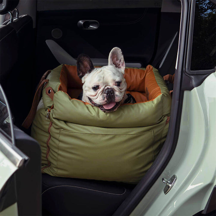 Cozy faux leather dog seat, an essential for safe pet car travel.