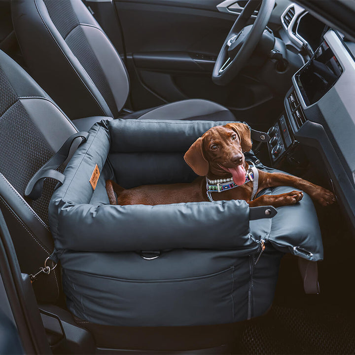 Elegant pet travel seat with faux leather, protects car interior.