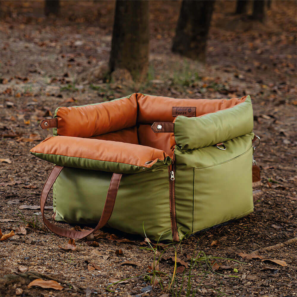 Elegant pet travel accessory, a comfortable and safe dog car bed.