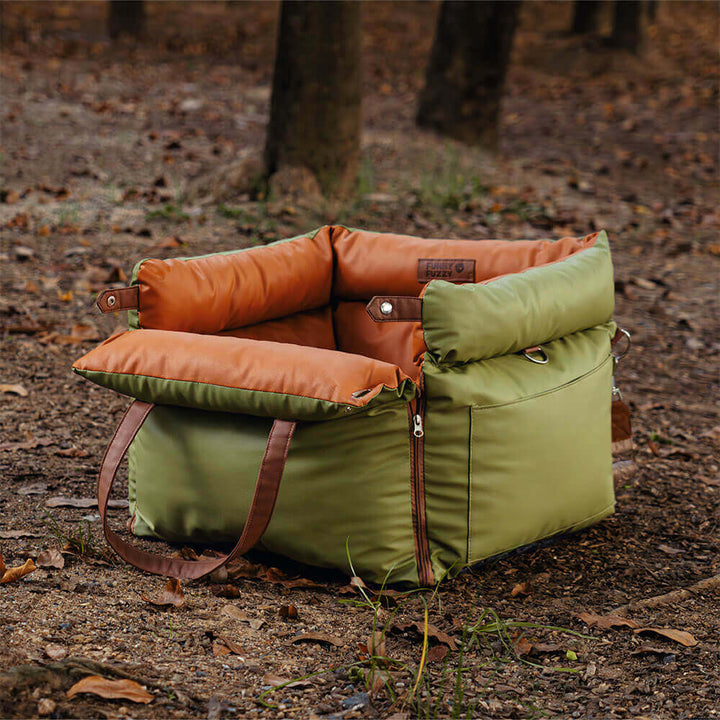 Elegant pet travel accessory, a comfortable and safe dog car bed.