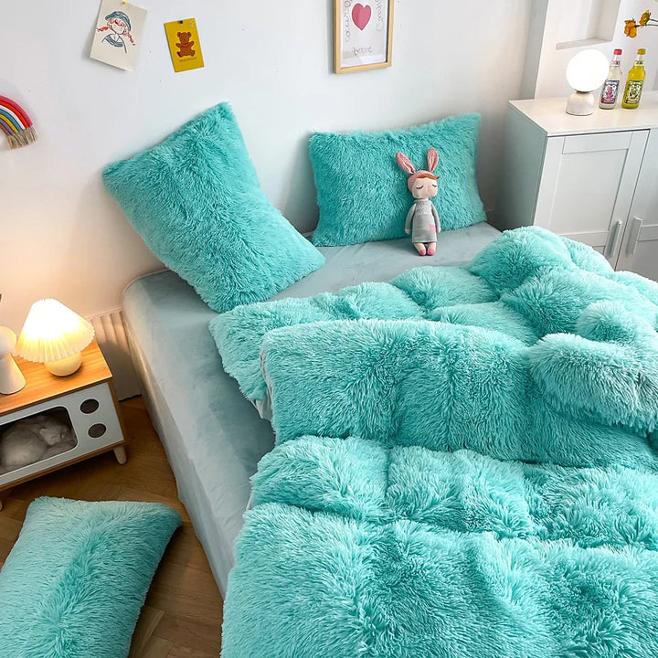 Luxury fluffy shaggy velvet duvet cover set, bringing cozy comfort & elegant bedroom decor.