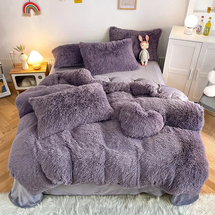 Cream fluffy velvet duvet cover set, offering luxurious comfort & a cozy feel for any bedroom.