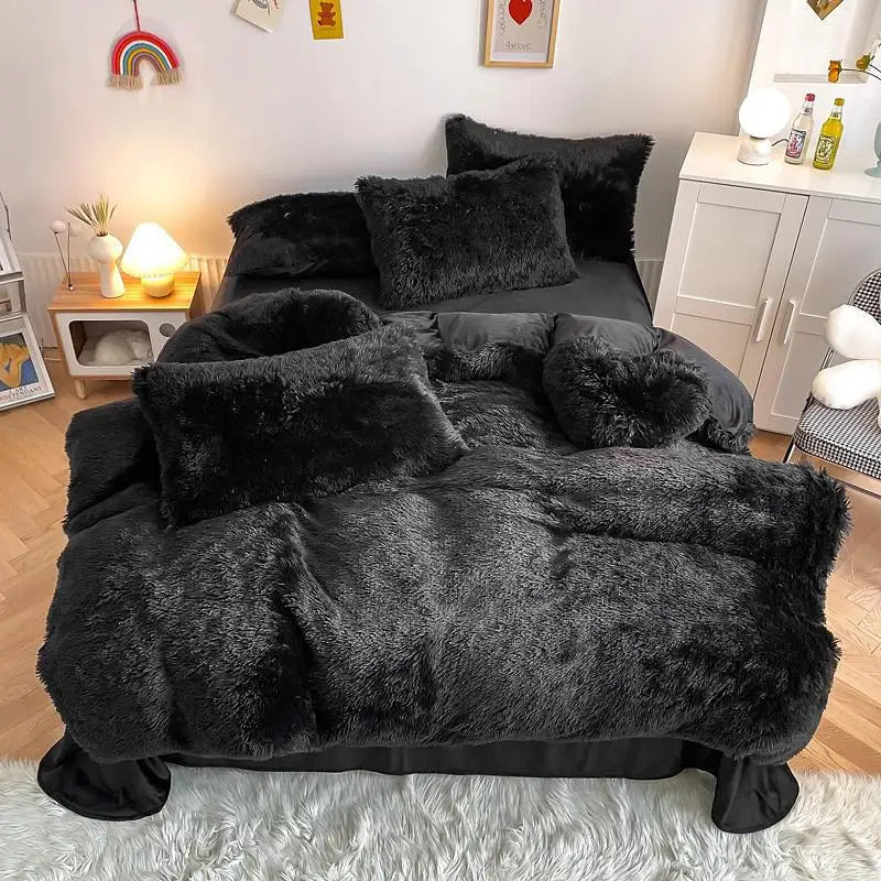 Close-up of soft, shaggy velvet texture of luxury fluffy duvet cover, ideal for cozy bedding.
