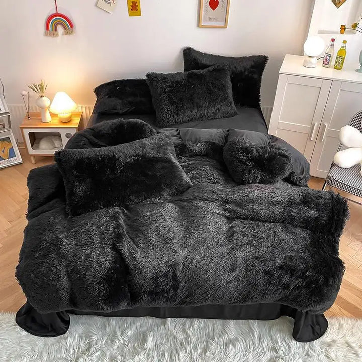Close-up of soft, shaggy velvet texture of luxury fluffy duvet cover, ideal for cozy bedding.
