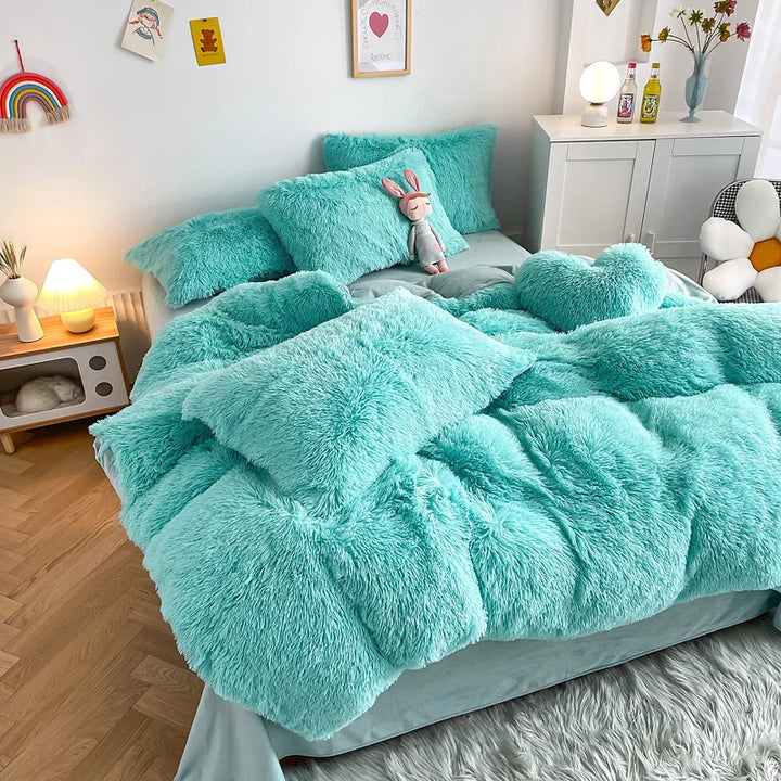 Indulge in cozy sleep with this luxurious fluffy velvet duvet cover set, ultimate bedding comfort.