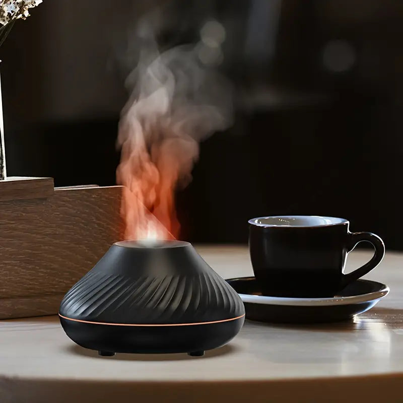 Elegant white LumoMist flame effect diffuser, enhancing wellness with essential oils & modern home aesthetics.