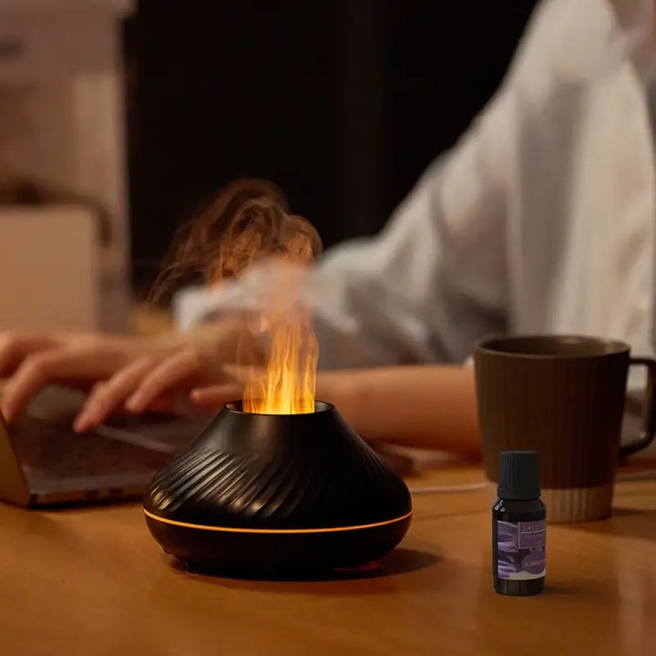 USB powered LumoMist flame effect humidifier & aroma diffuser. Sleek design for modern home decor & relaxation.