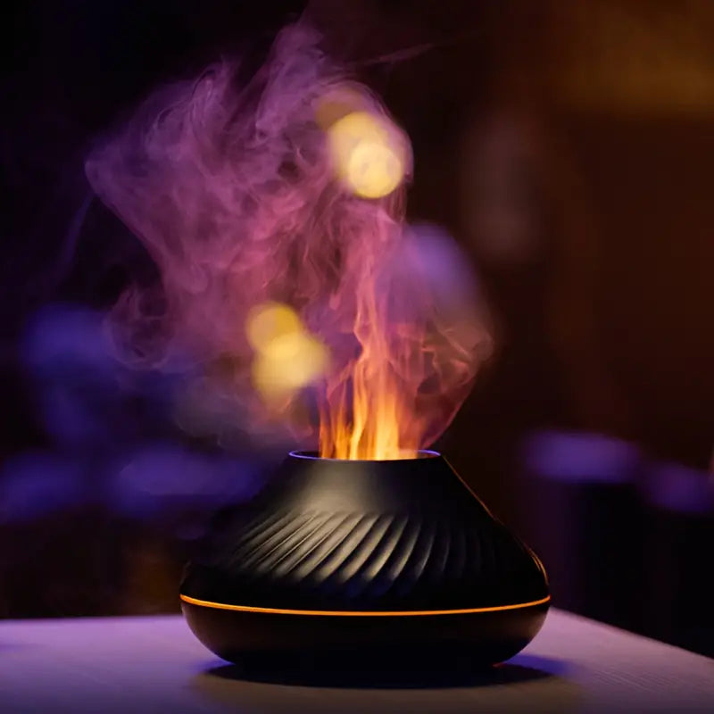 Close-up of LumoMist flame effect aroma diffuser, creating a calming ambiance for stress relief & wellness.