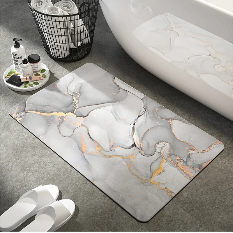 Elegant marble patterned bath mat, perfect for luxury bathroom decor. Soft, absorbent & eco-friendly, enhances any space.