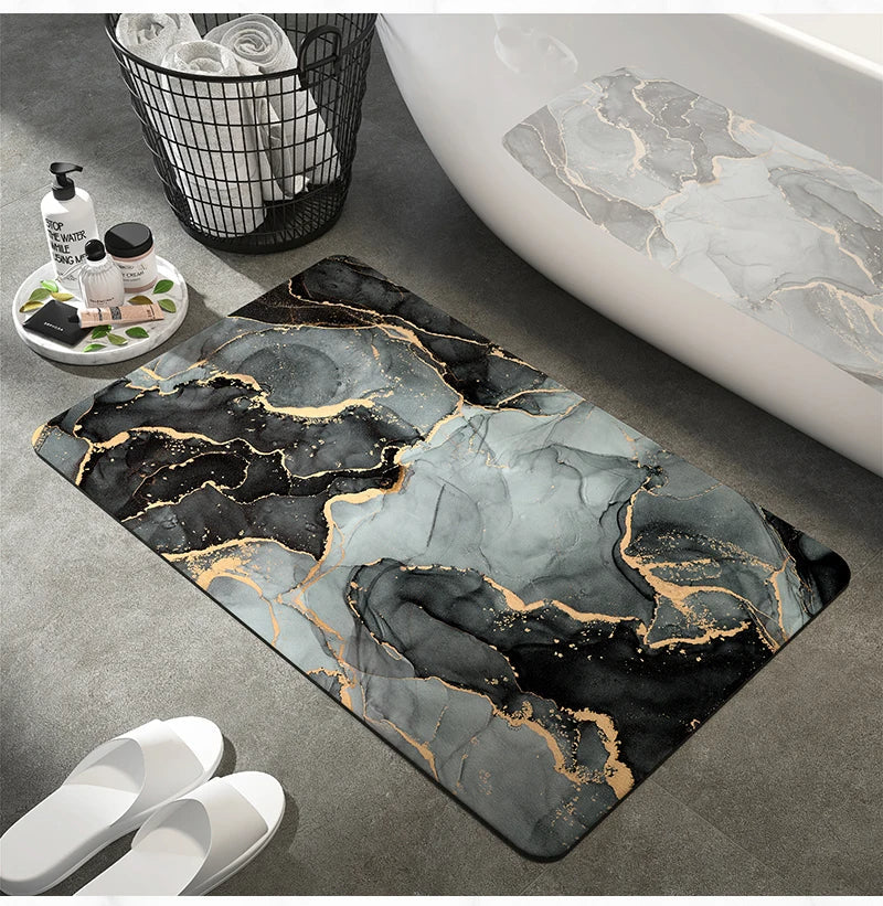 Non-slip & quick-dry marble bath mat. Unisex luxury design with high absorbency, ideal for modern home spa bathrooms.