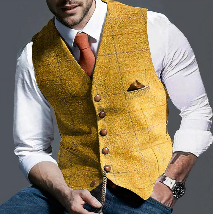 Classic Edward style men's checked waistcoat. Luxury menswear for business attire or elegant casual fashion.