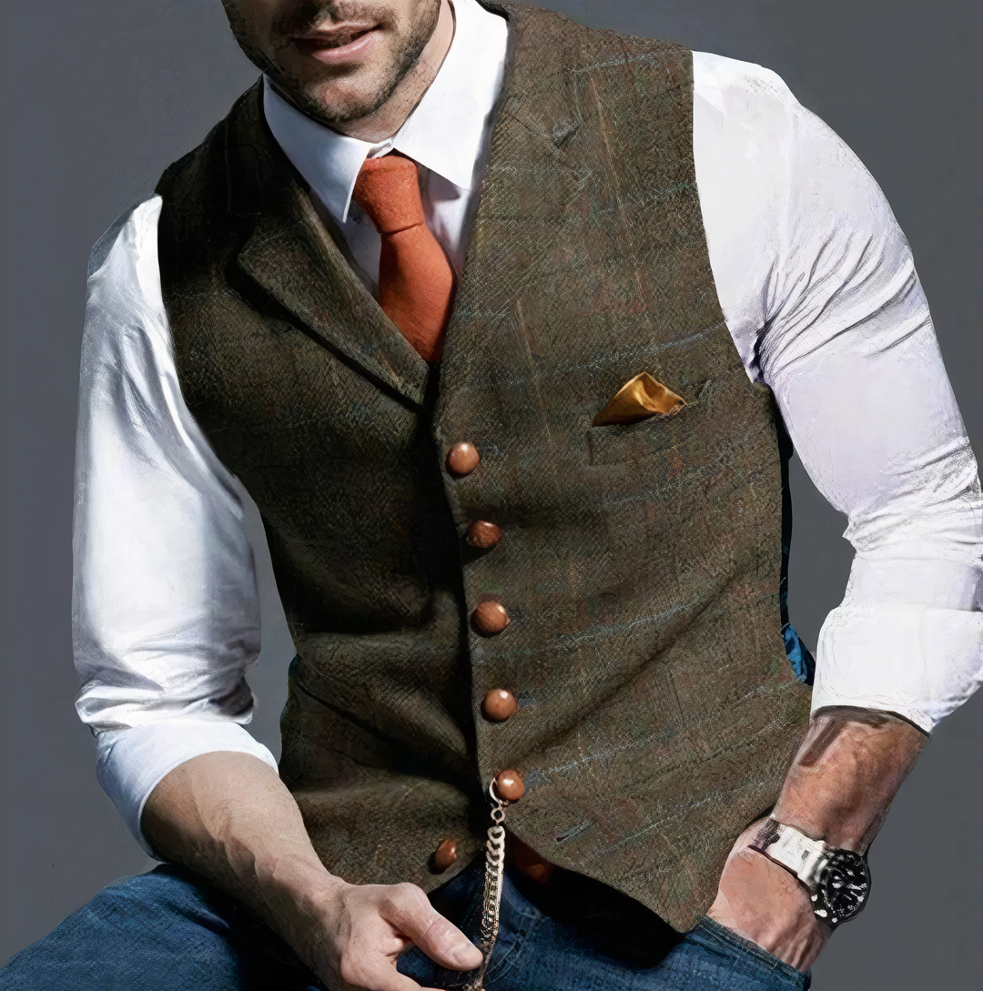 Men's Edward style checked gilet. Refined layering piece, a luxury waistcoat for formal or smart casual outfits.