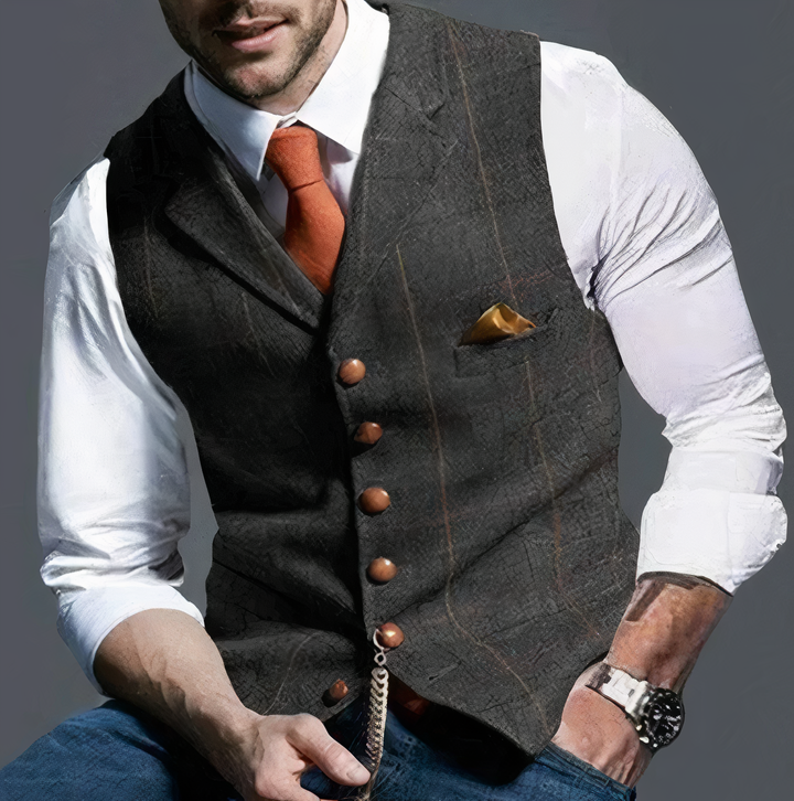 Luxury men's checked gilet Edward style. Tailored waistcoat for formal or business attire, an elegant choice.