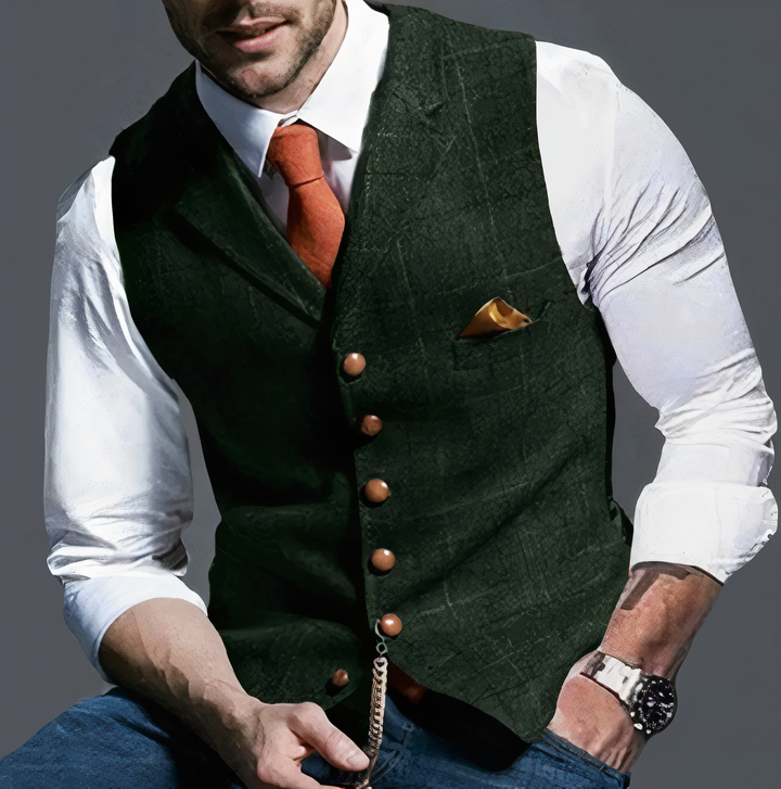 Edward style luxury men's checked gilet. Elegant, sophisticated waistcoat for classic wear and menswear.