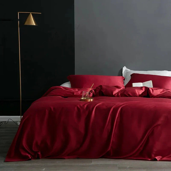Soft natural silk duvet cover enhancing luxury bedroom decor.