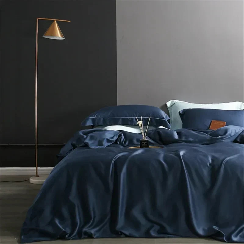 Temperature regulating silk duvet cover, soft & elegant bedroom essential.