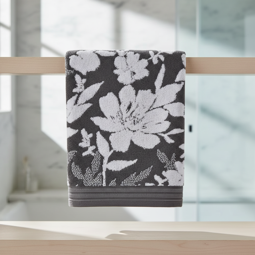 Luxury organic cotton towel set, BlossomTowel with intricate floral pattern for elegant bathroom decor