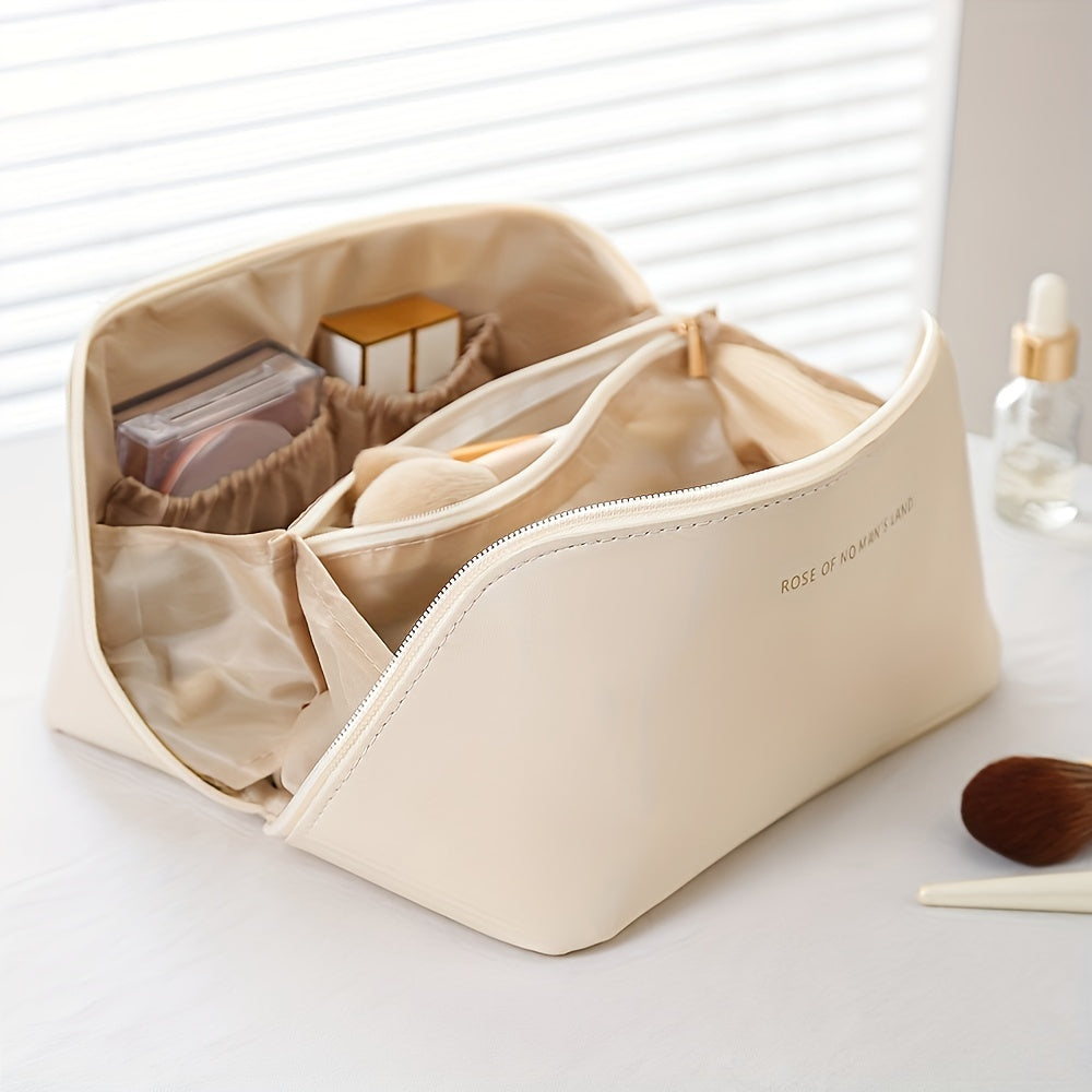 Women's versatile PU leather makeup organizer bag, an essential beauty accessory for any journey.